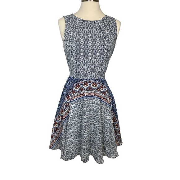 LA Soul Sleeveless Print Lined Dress w/Pockets Waist Tie Blue/Ivory/Red Size S - Picture 2 of 15